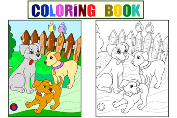 Poster - Childrens color and coloring book cartoon family on nature. Mom dog and puppies children