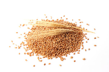 Wall Mural - wheat and spikelets on a white background top view. Wheat, bread, harvest.