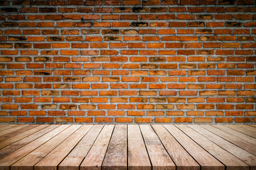 Old wood plank with abstract old brick wall background for product display 