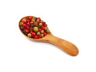 Wall Mural - Wooden scoop spoon full of mixed peppercorns