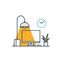 working desk computer setup illustrative icon vector illustration line outline monoline