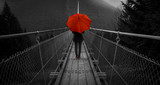 Fototapeta Las - Frau mit rotem Schirm