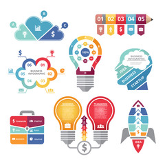 Wall Mural - Infographics concepts with various shapes bulb, rocket, business case and profile of head