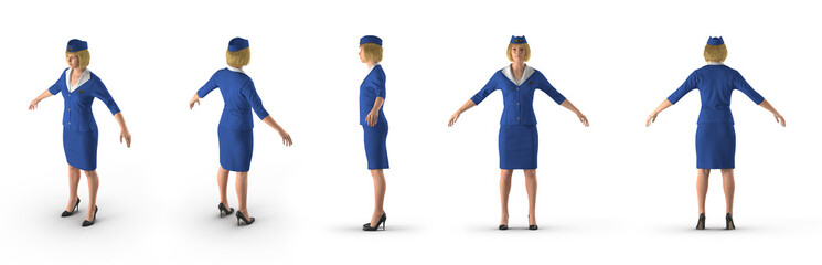 Wall Mural - Stewardess Dressed In Blue Uniform on white. 3D illustration