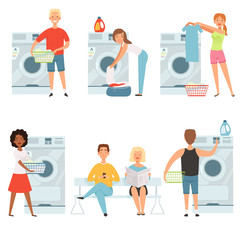 Canvas Print - Laundry service characters. Vector washing house mascot design