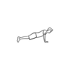 Sticker - Young man doing push-ups hand drawn outline doodle icon. Fitness, push-up and plank exercises, training concept. Vector sketch illustration for print, web, mobile and infographics on white background.