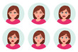 © Illusart - Set of girl/woman facial emotions. Different female emotions set. Woman emoji character with different expressions.