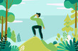 © venimo - Vector illustration in flat linear style -  man exploring green forest landscape