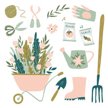 Garden Tool Set. Vector Illustration Of Gardening Elements:  Spade, Pitchfork, Wheelbarrow, Plants, Watering Can, Grass,  Garden Gloves, Cart And Potted Flowers. Happy Gardening Design.