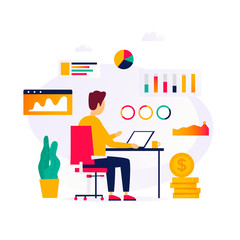 Business analysis, a programmer working at a computer, office life. Flat style vector illustration.