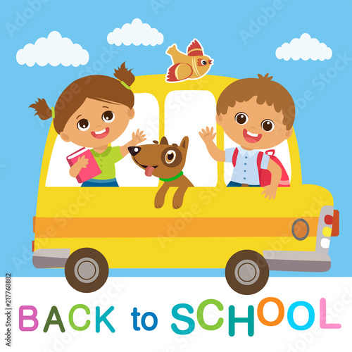 Vector Illustration Of Happy School Kids Go To School Welcome Back To School Cute School Boy And Girl Riding On School Bus Buy This Stock Vector And Explore Similar Vectors At