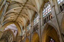 Gorgeous Ceiling, Stained Glass Windows And Interior Architecture Of York Minster Cathedral In Yorkshire, England UK