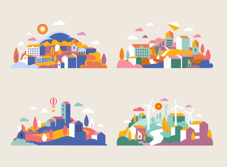 city landscape with buildings, hills and trees. vector illustration in minimal geometric flat style.