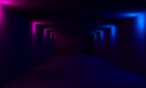Fototapeta Do przedpokoju - Empty dark room with neon lights, blurred black background with colored lights