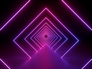 Wall Mural - 3d render, ultraviolet neon square portal, glowing lines, tunnel, corridor, virtual reality, abstract fashion background, violet neon lights, arch, pink purple vibrant colors, laser show
