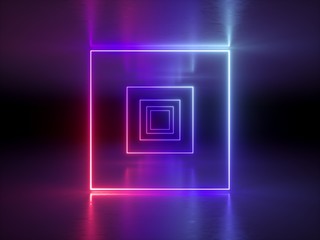 3d render, abstract fashion background, glowing lines, violet neon lights, ultraviolet neon square portal, tunnel, corridor, virtual reality, arch, pink blue vibrant colors, laser show