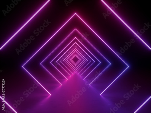 3d render, ultraviolet neon square portal, glowing lines, tunnel, corridor, v...