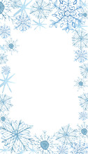 Winter Border With Blue Snowflakes On White Background . Hand-painted Horizontal Illustration For Happy New Year And Merry Christmas Border , Watercolor