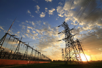 Substation in the evening, the silhouette of the power supply facilities