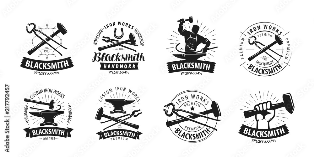 Forge, blacksmith logo or label. Blacksmithing set of icons Stock ...