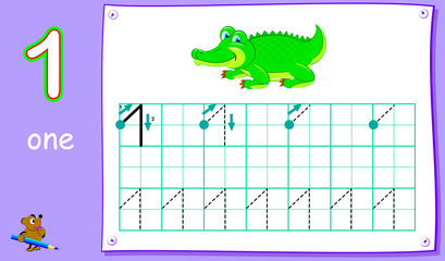 Educational page for young children with number one. Developing skills for writing and counting. Vector cartoon image.