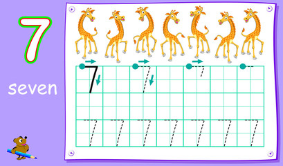 Educational page for young children with number seven. Developing skills for writing and counting. Vector cartoon image.