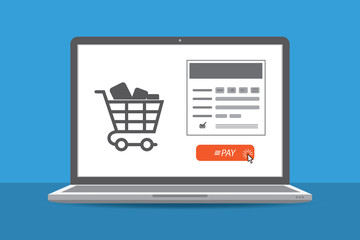 Online payment page on screen. Online shopping design. Laptop screen with shopping basket and pay button. E-commerce flat design concept. Internet shopping vector illustration.