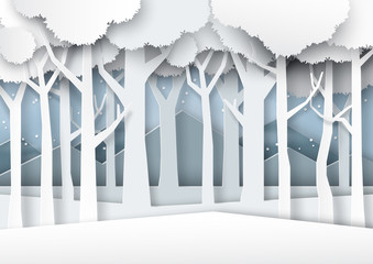 Aufkleber - Snow and winter season forest silhouette background paper art style for merry christmas and happy new year.Vector illustration.