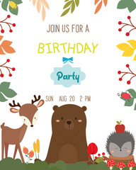 Wall Mural - Cute animal theme birthday party invitation card vector illustration.