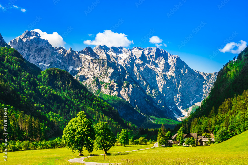 View on mountains by Logar Valley in the slovenian Alps - obrazy, fototapety, plakaty 
