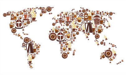 Wall Mural - Coffee world map with continent of hot drink cup