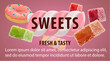 Sweets banner with candies, donut and marshmallow