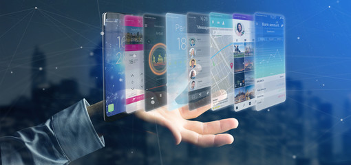 Wall Mural - businessman holding 3d rendering app template on a smartphone