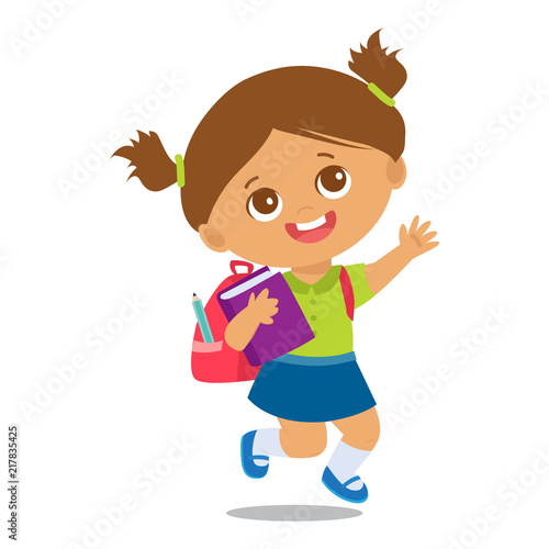 Vector Illustration Of Happy School Girl Go To School Welcome Back To School Cute School Girl With Book And Schoolbag Isolated On A White Background Stock Vector Adobe Stock