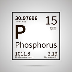 Poster - Phosphorus chemical element with first ionization energy, atomic mass and electronegativity values ,simple black icon with shadow