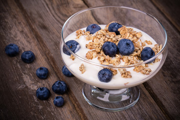 Yogurt with granola and blueberries.