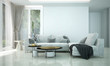 Modern living room interior design and garden view