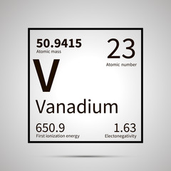 Sticker - Vanadium chemical element with first ionization energy, atomic mass and electronegativity values ,simple black icon with shadow
