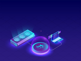Canvas Print - glowing mining or bitcoin servers connected with laptop on blue background for crypto mining concept