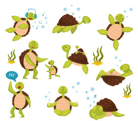 Wall Mural - flat vector set of cute turtles in different actions swimming, listening music, relaxing, saying hi,