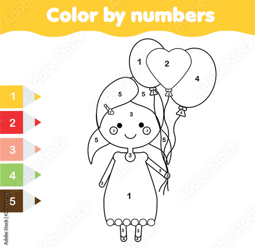 Coloring Page With Girl Holding Balloons Color By Numbers Printable Activity Buy This Stock Vector And Explore Similar Vectors At Adobe Stock Adobe Stock