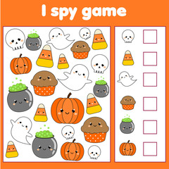 I spy game for toddlers. Find and count objects. Counting educational children activity. Halloween theme