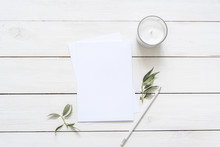 Modern Flat Lay With Card Blank Space, Stationary, Candle, Leaves, White Pencil. Ready For You To Insert Your Text, Invitation, Wedding Or Logo. Best For Social Media, Backgrounds, Blogs