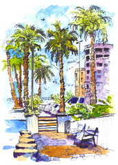 Downtown with street and buildings of Miami City in Florida, USA. Watercolor splash with hand drawn sketch illustration. retro colorful watercolor silhouettes of palm trees.