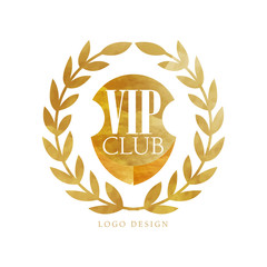 Poster - VIP club logo design, luxury elegant golden badge with laurel wreath for boutique, restaurant, hotel, resort vector Illustration on a white background