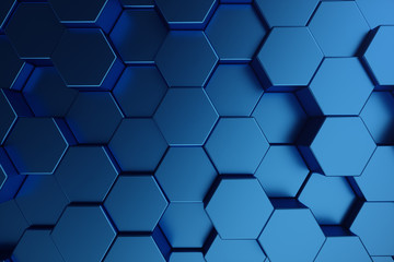 Wall Mural - 3D illustration abstract dark blue of futuristic surface hexagon pattern. Blue geometric hexagonal abstract background.