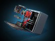 open PC case with internal parts motherboard cooler video card power supply HDD drives 3d render on blue