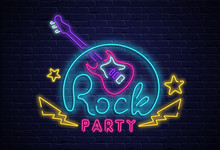 Rock Party Neon Colorful Signboard On Black Bricklaying Wall.