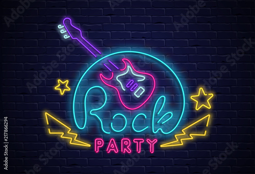 Fototapety Hard Rock  rock-party-neon-kolorowy-szyld-na-czarnej-scianie-murowanej