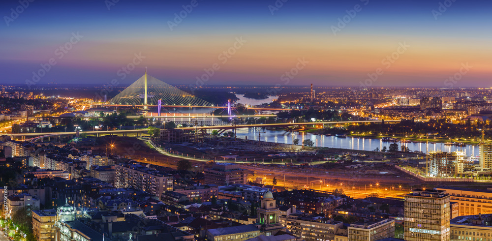 Ada,  Gazela bridges, Belgrade Waterfront, Sava river, Old and New Belgrade, Belgrade Waterfront by night - obrazy, fototapety, plakaty 